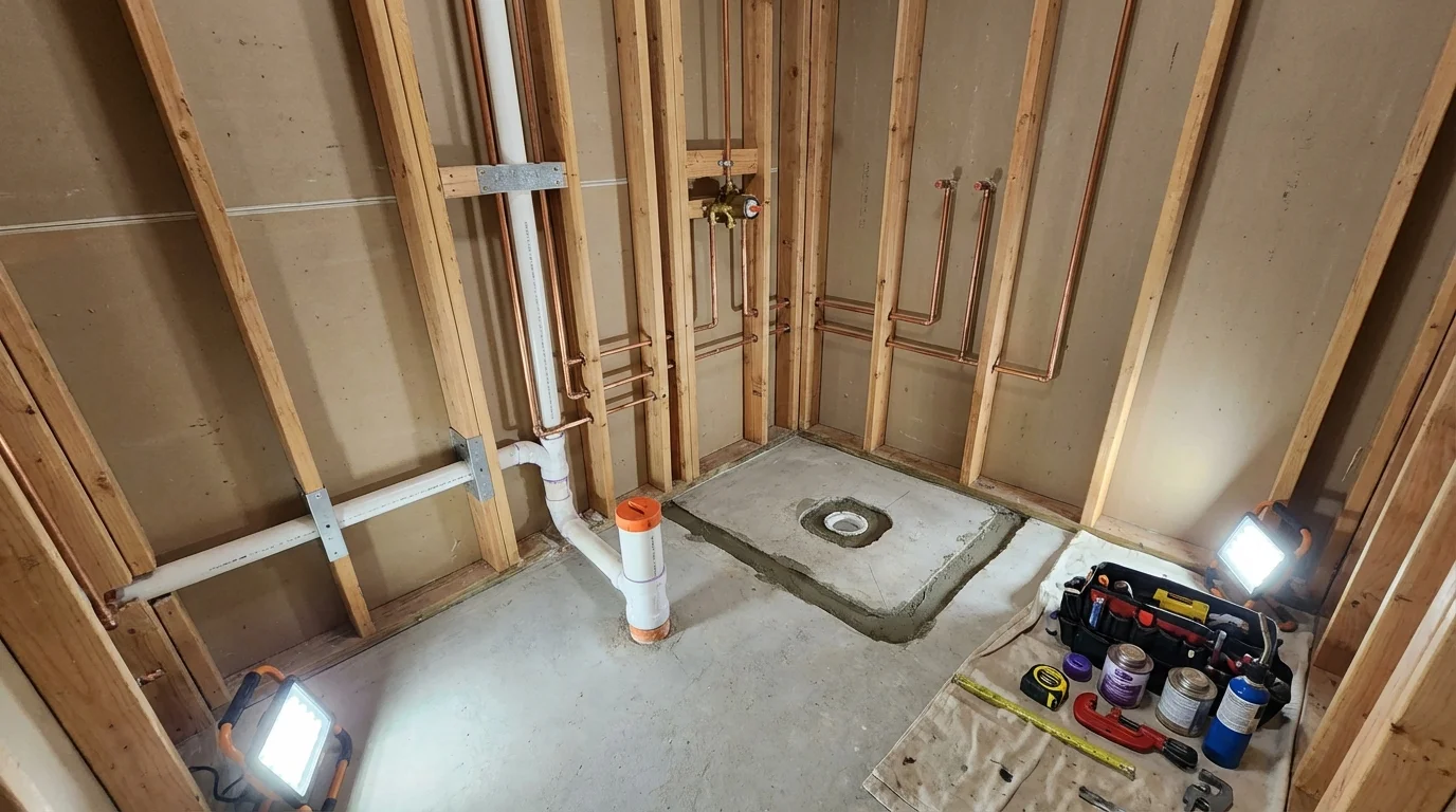 Bathroom rough-in plumbing during remodel by Johns Plumbing LLC in Tacoma
