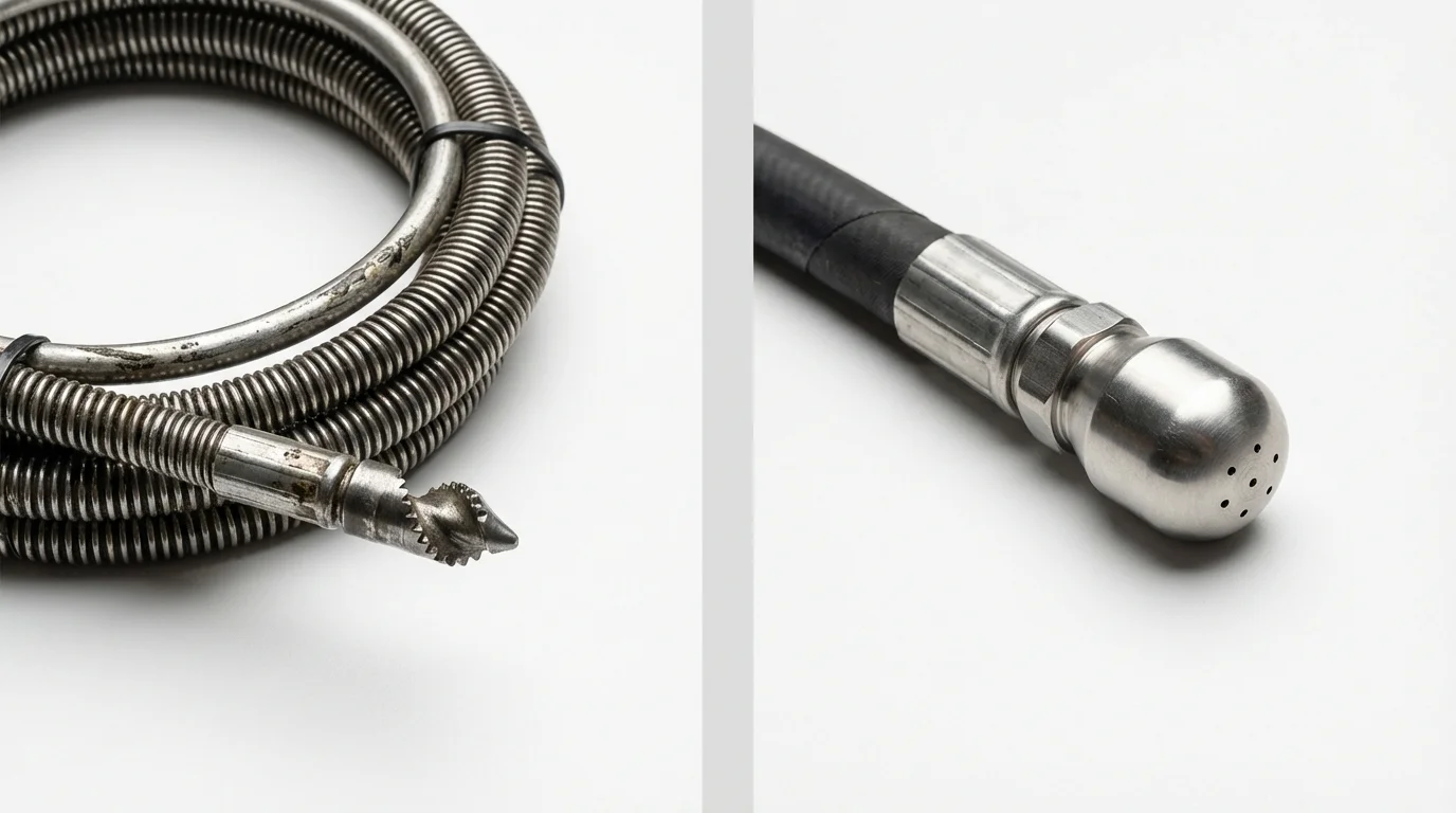 Drain snake cable and hydro jetting nozzle used for drain cleaning in Tacoma, WA
