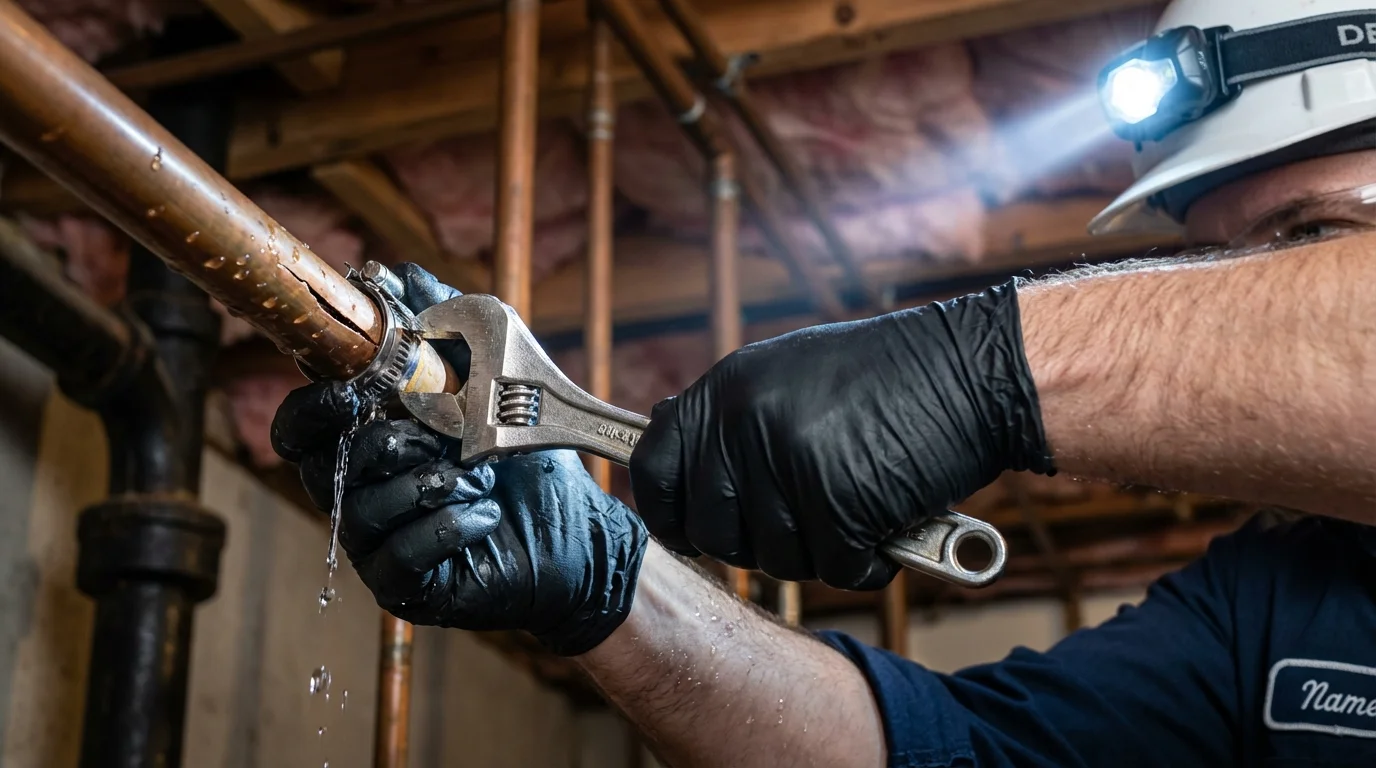 Emergency pipe clamp repair being performed by a Johns Plumbing LLC plumber in Tacoma