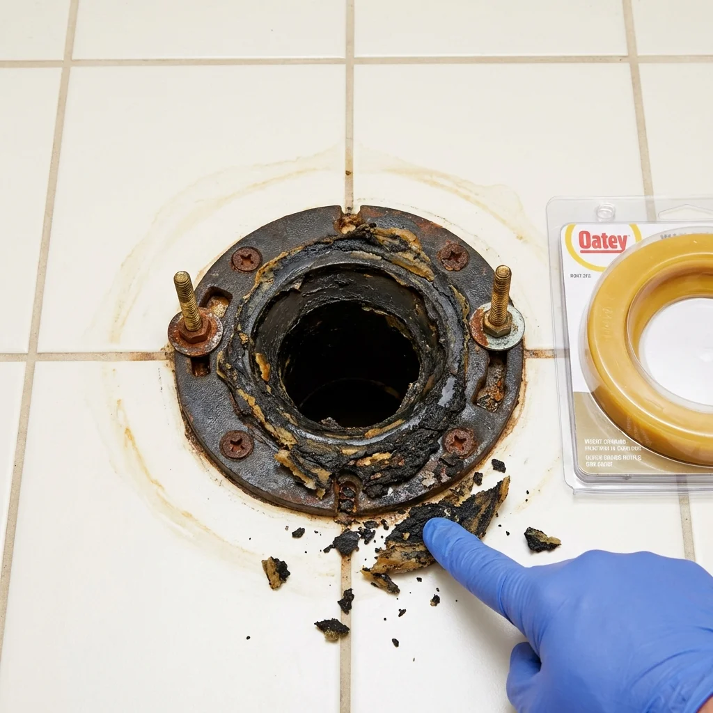 Failed wax ring showing water seepage at the base of a toilet in a Tacoma, WA home