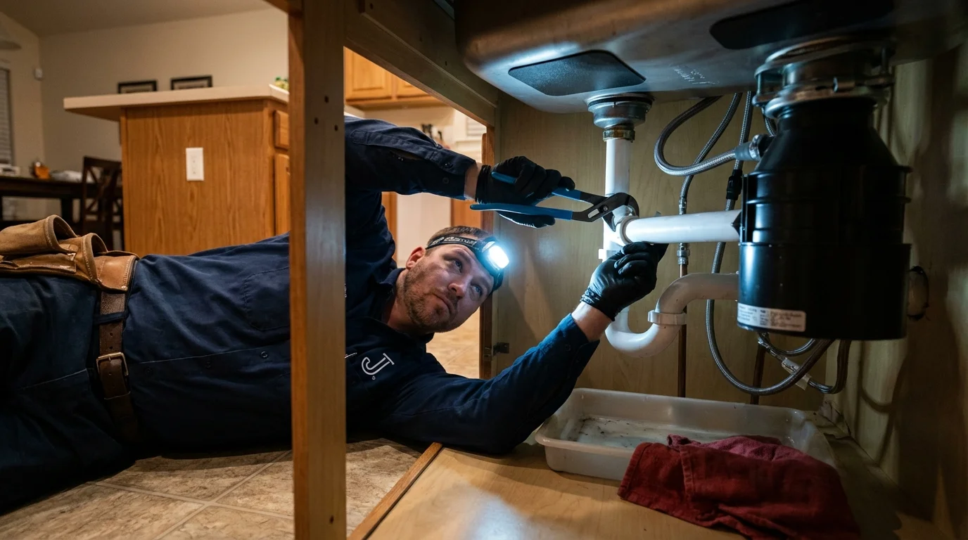 P-trap and supply line connections under a kitchen sink showing a common leak point in Tacoma, WA